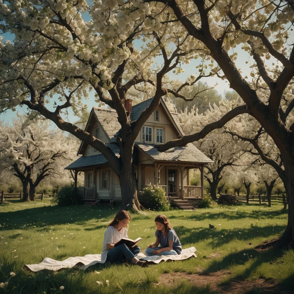 Girl Reads in Blooming Orchard: Cinematic Still
