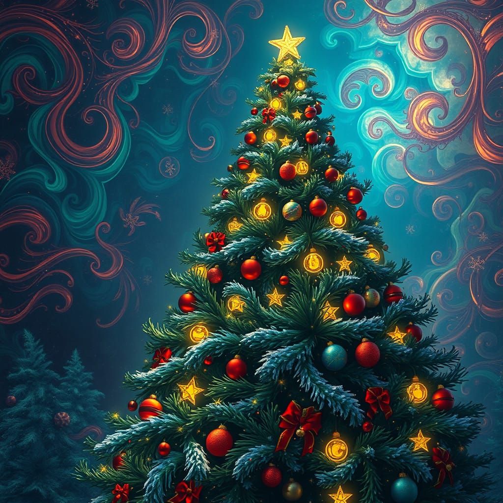 Ethereal Christmas Tree in Dreamlike Fantasy Landscape