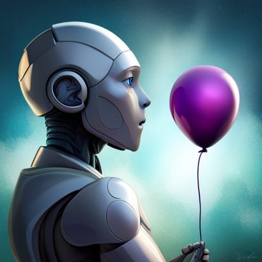 Sad Robot Holds Purple Balloon: Hyperrealistic Art