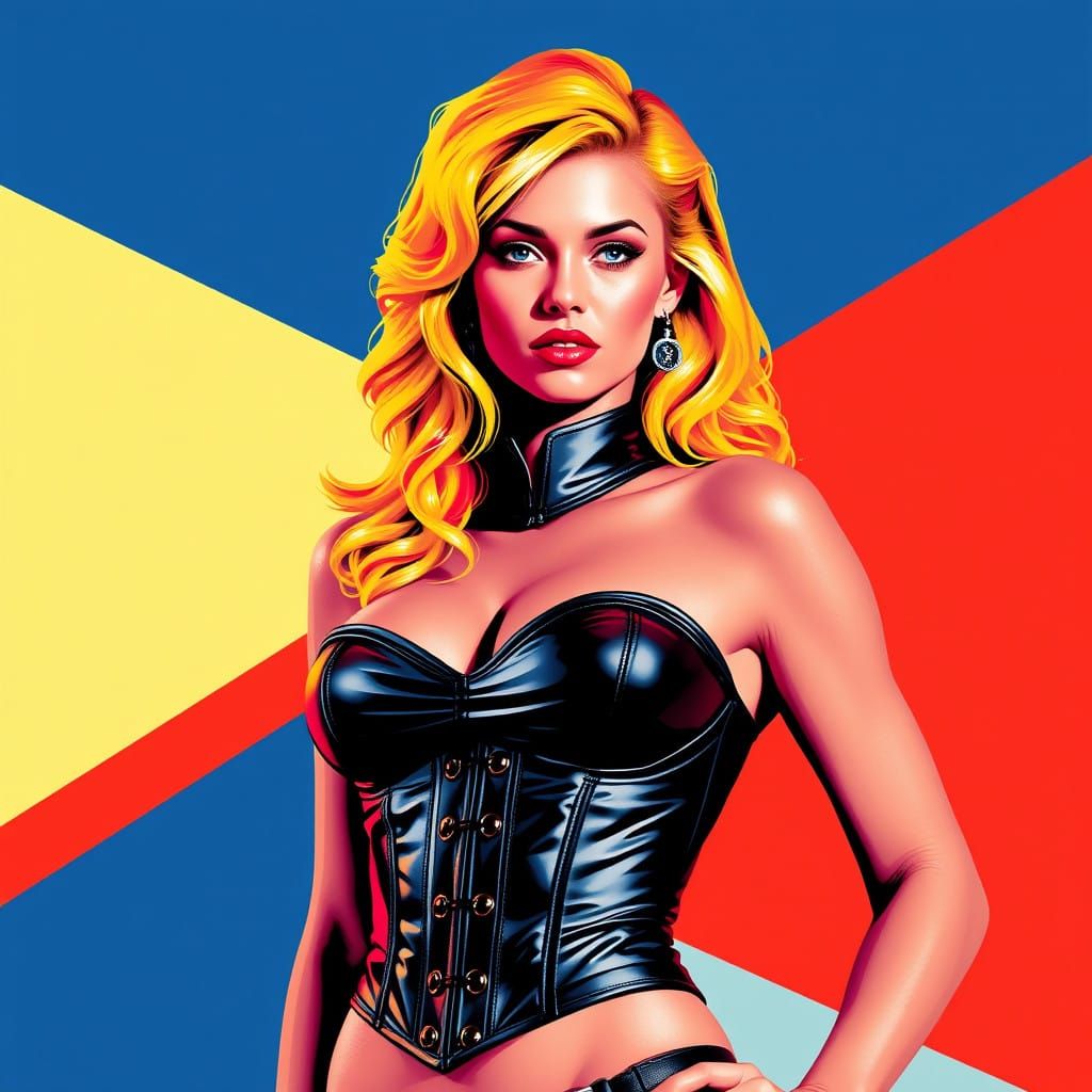 Youthful Pop Art Pamela Anderson in Bold Leather Corset