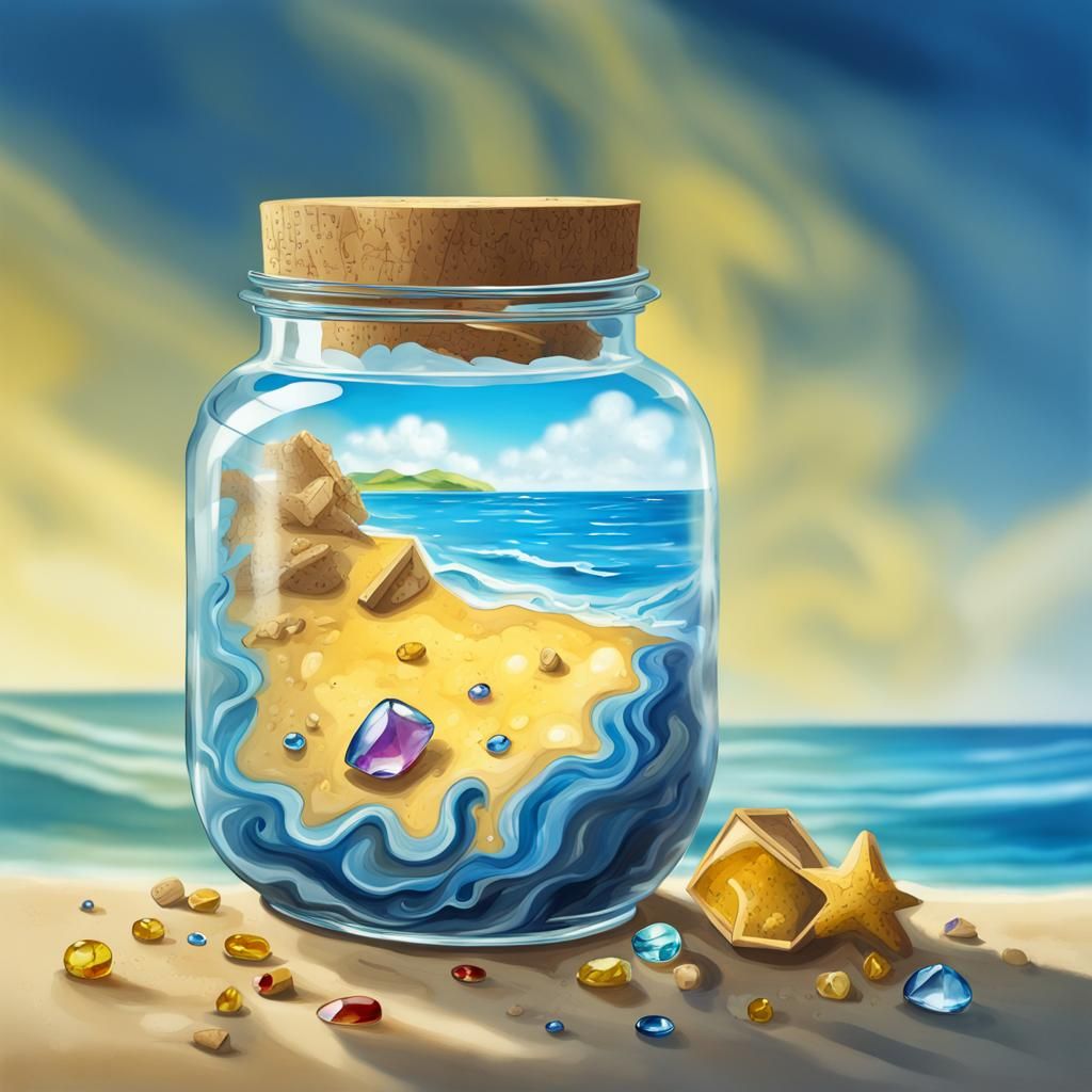 Gems and Treasure Map in Jar, Watercolor Style