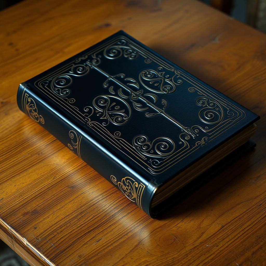 Ornate Black Leather Book on Wooden Table