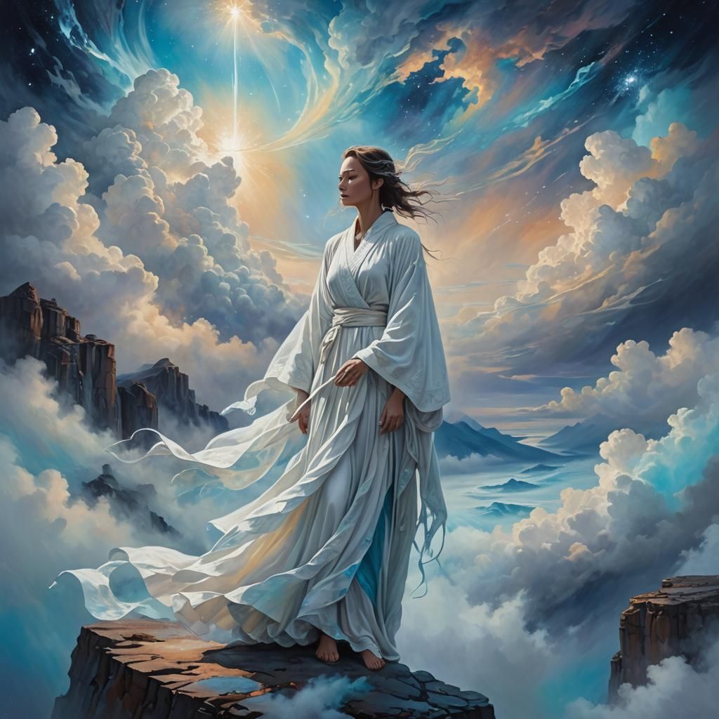 Ethereal Figure Amidst Iridescent Clouds