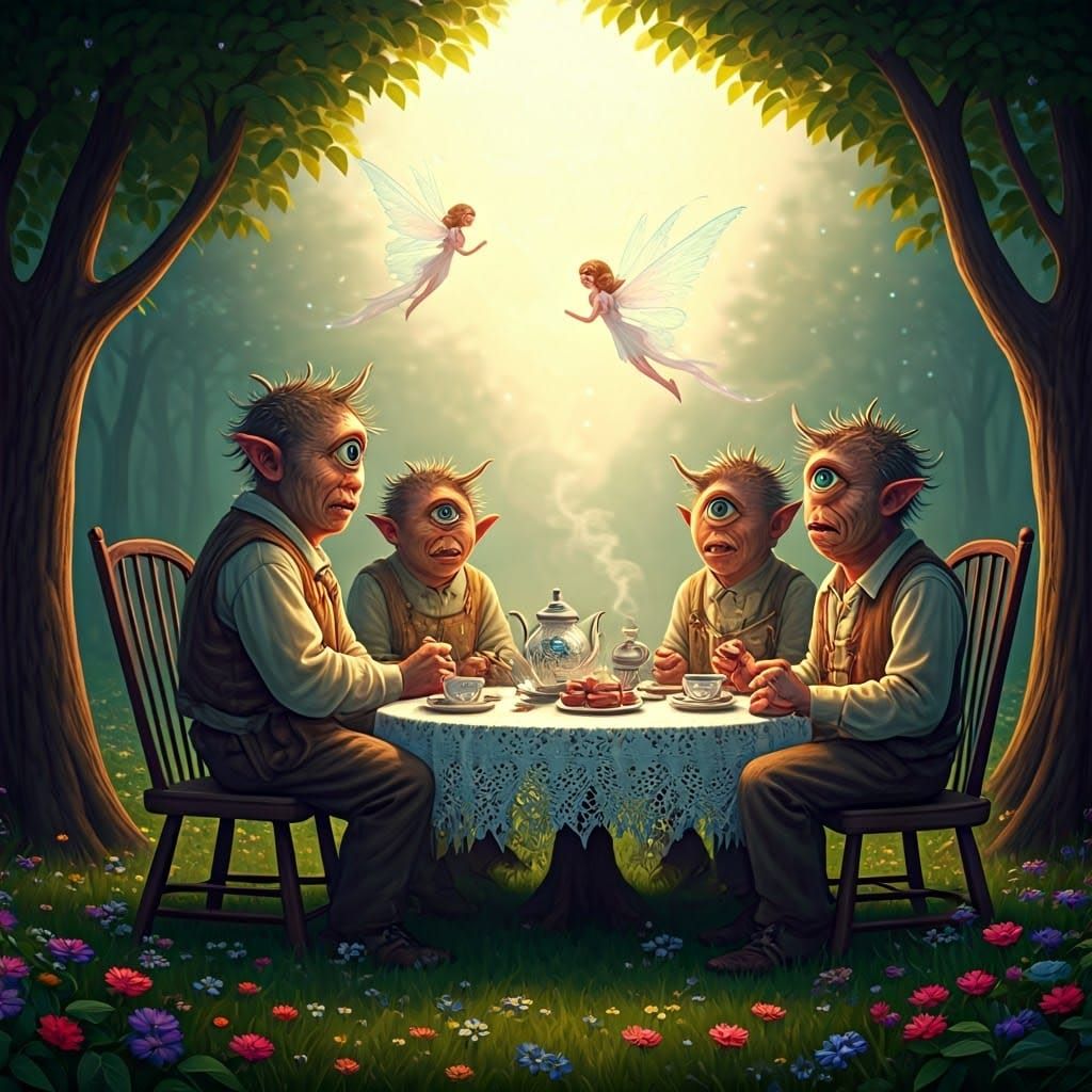 Cyclops Tea Party with Fairies in Dreamy Landscape