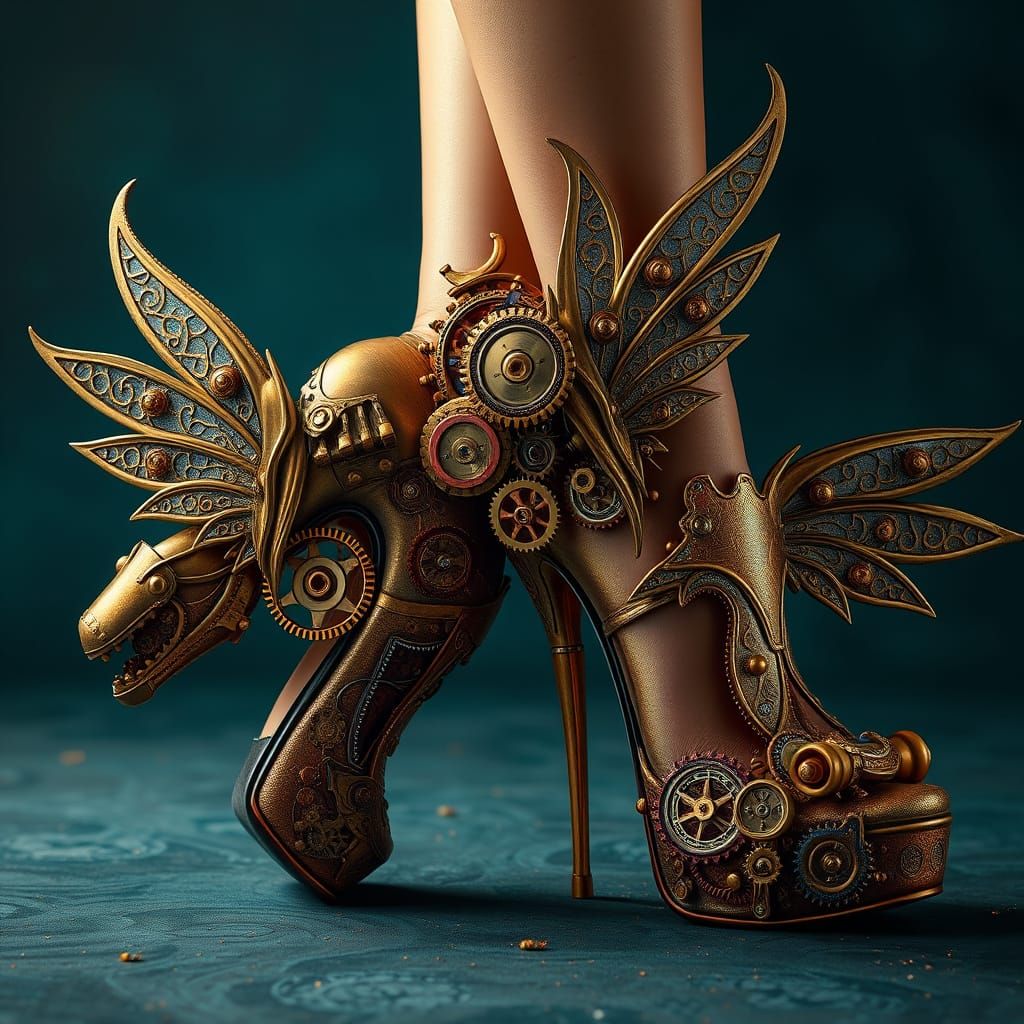 Steampunk Heeled Shoes with Intricate Clockwork Designs