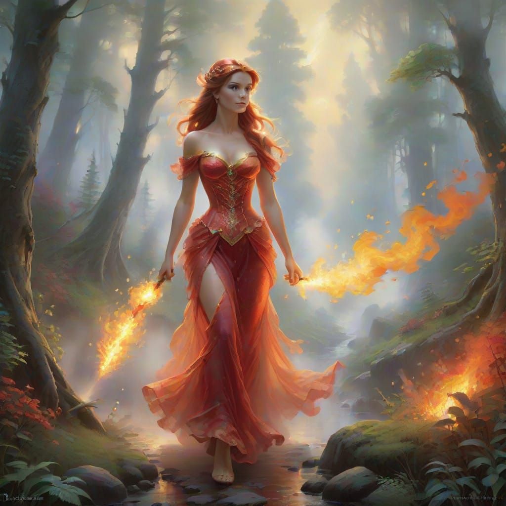 Ethereal Fantasy Fire Elemental Amidst Misty Forest