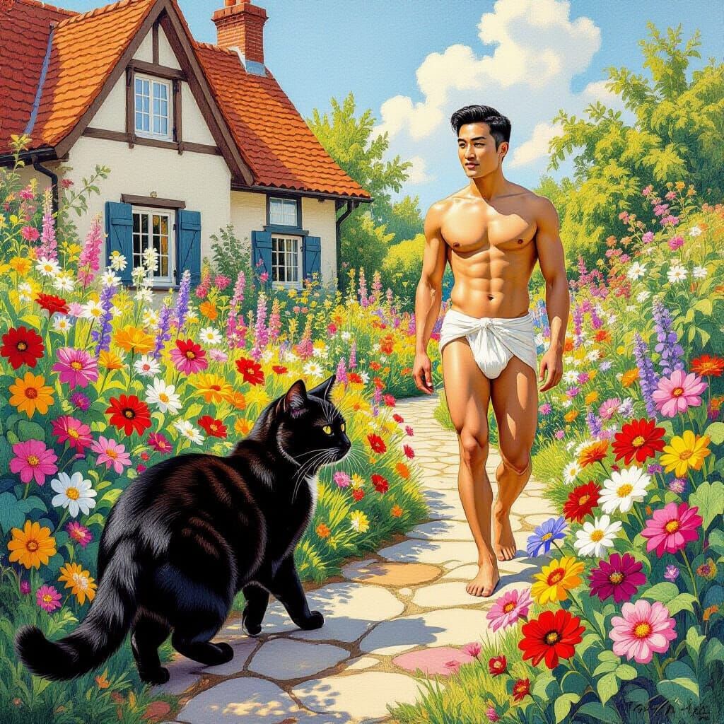 Polychromatic Pencil Drawing: Black Cat in Flower Garden