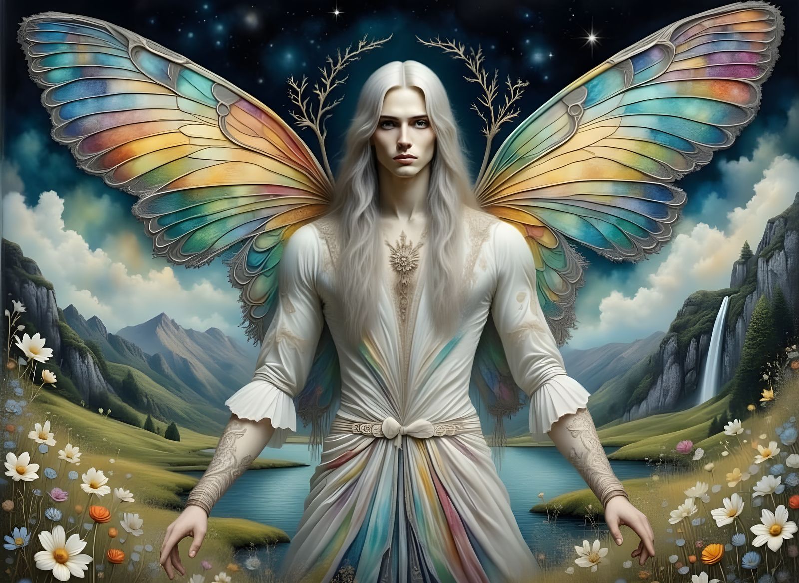 Ethereal Fairy Man in Watercolor Landscape