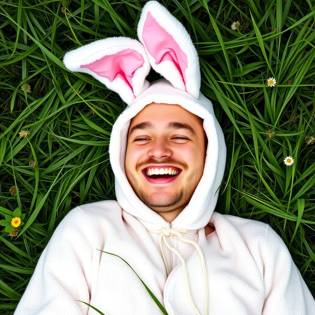 Giggling Man in Bunny Suit in Meadow