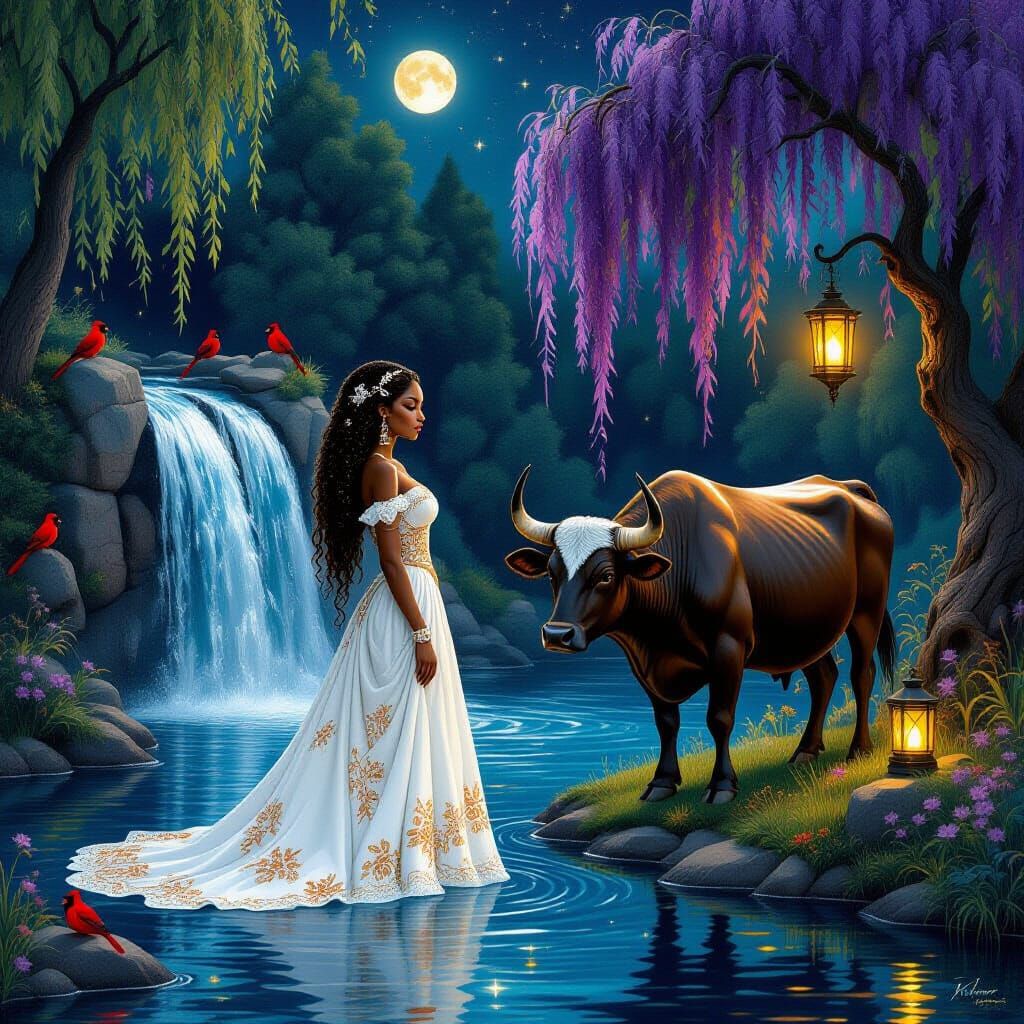 Melanated Goddess and Ox by Waterfall in Ethereal Glow