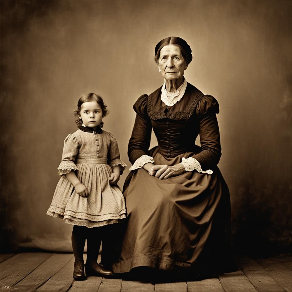 Vintage Sepia Photo of Mother and Daughter in Vienna