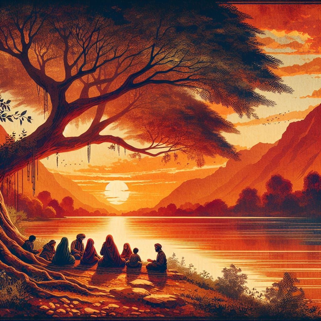 Vintage Travel Poster: Sunset Over Lake with Family