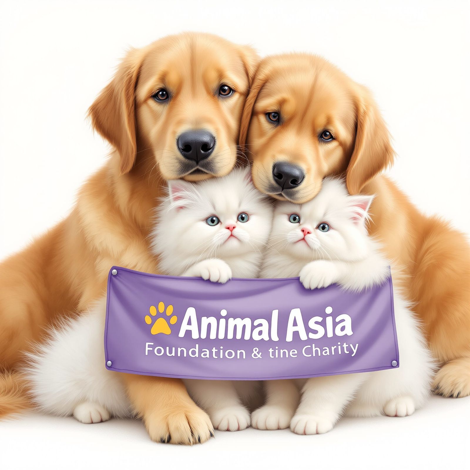 Golden Retrievers and Persian Cats Cuddle with Charity Banne...