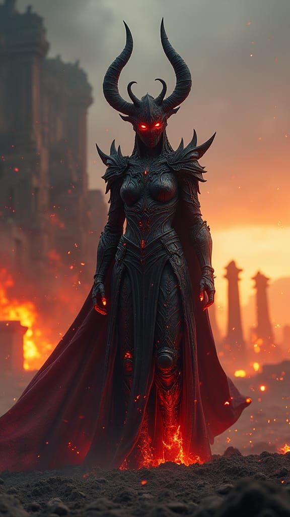 Demonic War Goddess in Fiery Dark Fantasy Surrealism