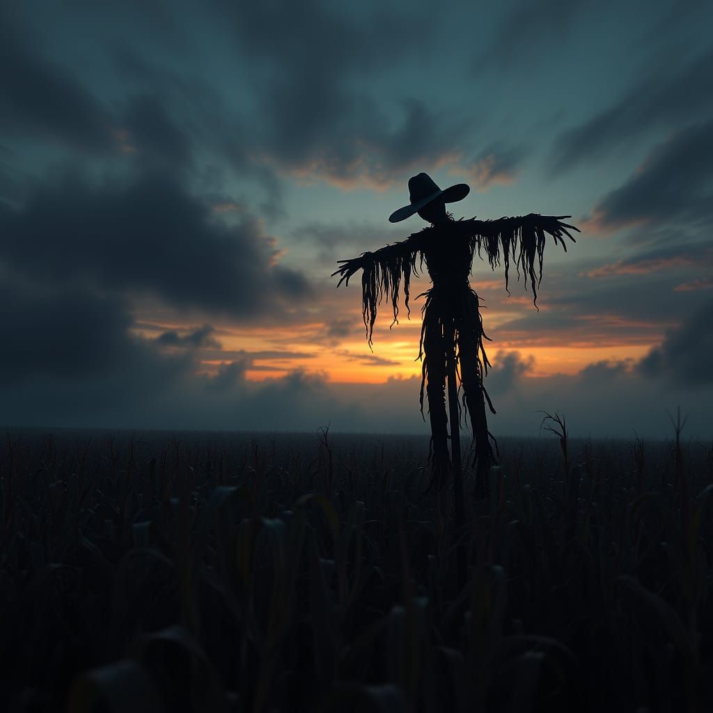 Creepy Scarecrow Silhouette Against Twilight Sky