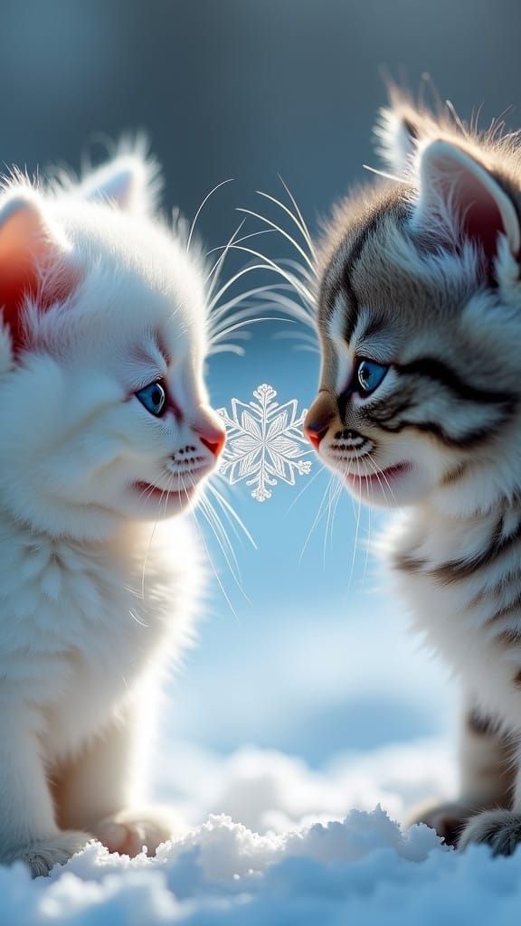 Hyper-Realistic Snowflake Encounter with Two Fluffy Kittens