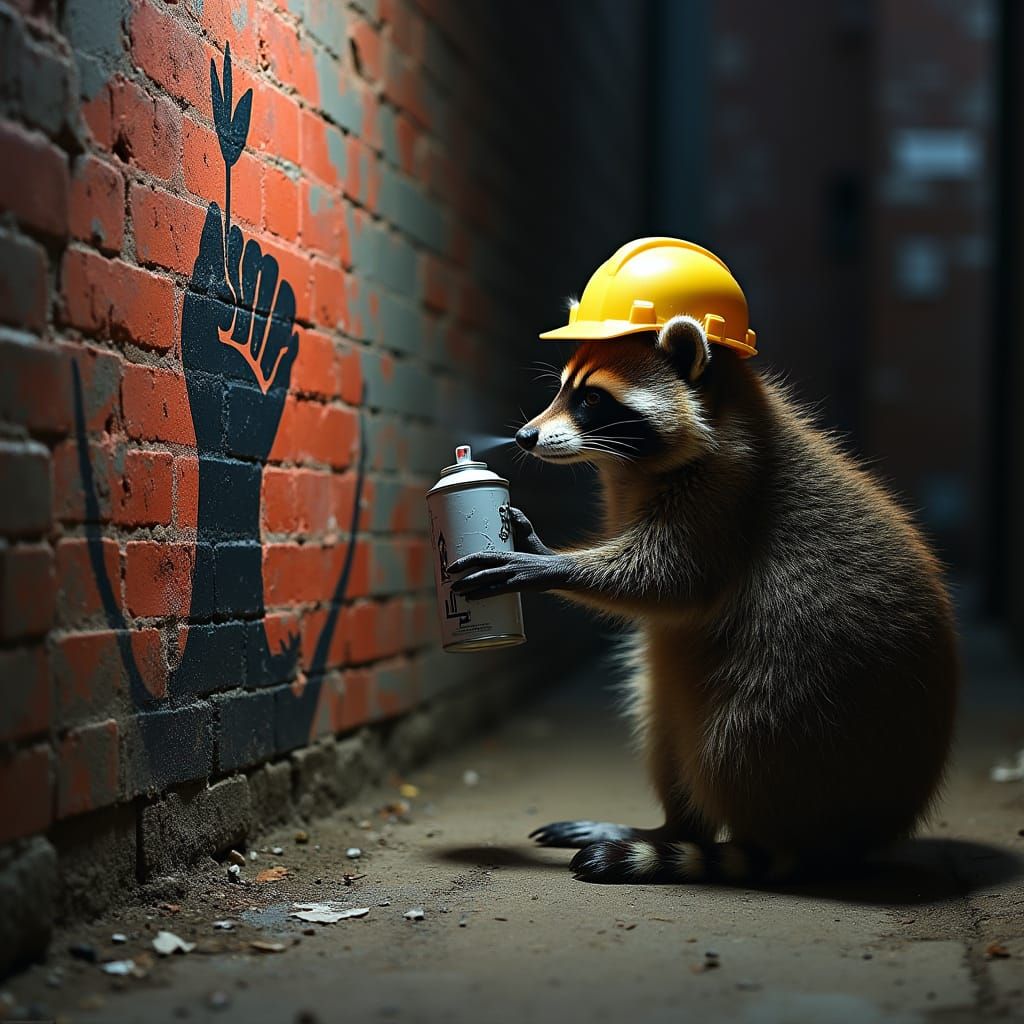 Raccoon Spray Paints Protest Mural in Gritty Alley