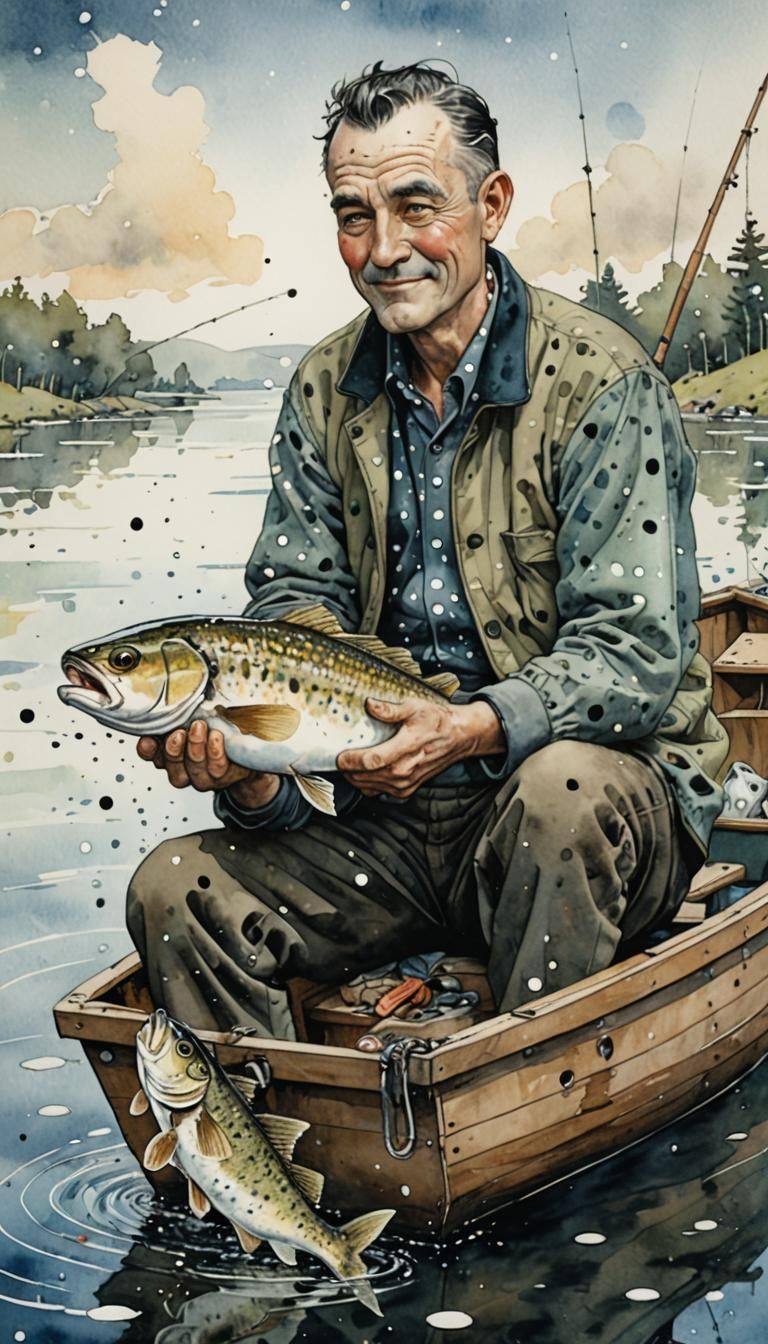 Man Catches Giant Fish: Surreal Watercolor Art