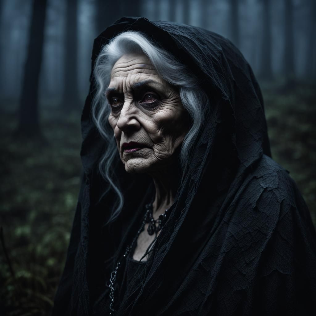 Madonna as Withered Crone Hag in Dark Swamp