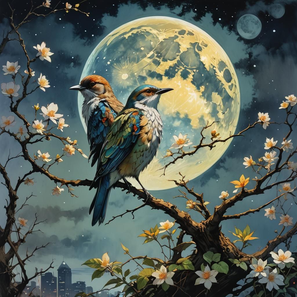 Colorful Bird Under Moon, Watercolor Concept Art