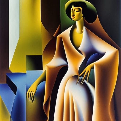 A woman in a silky dress by Picasso, by Salvador Dali gouache hyperdetailed intricately detailed volumetric lighting