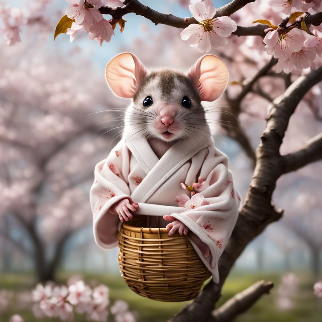 Charming Baby Mice in Cherry Blossom Cradle