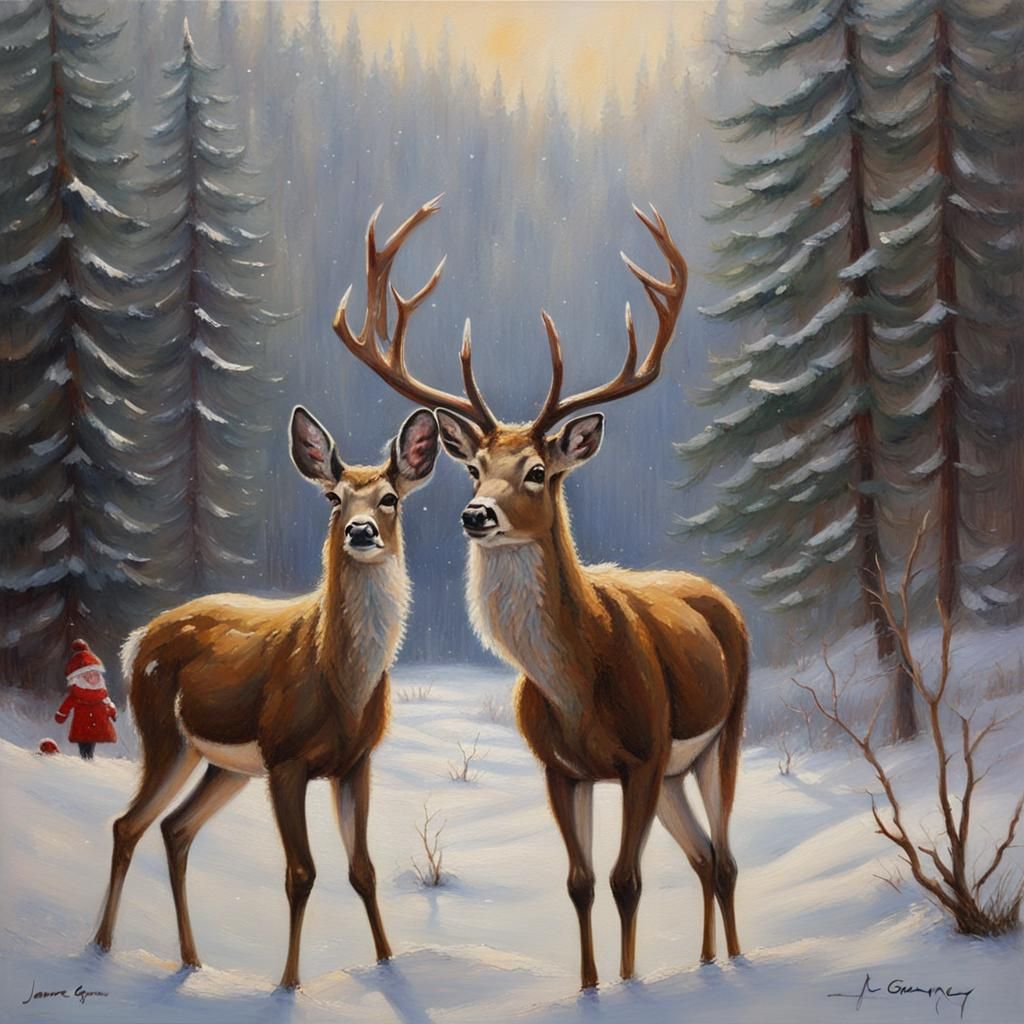 Christmas Deer Oil Painting in Gurney Style
