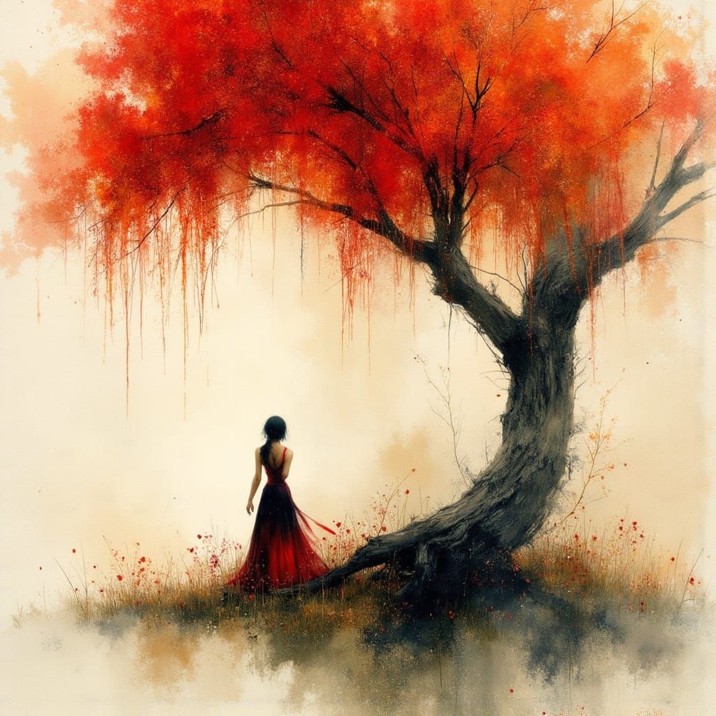 Gloomy Woman Beneath Willow Tree in Beige and Red