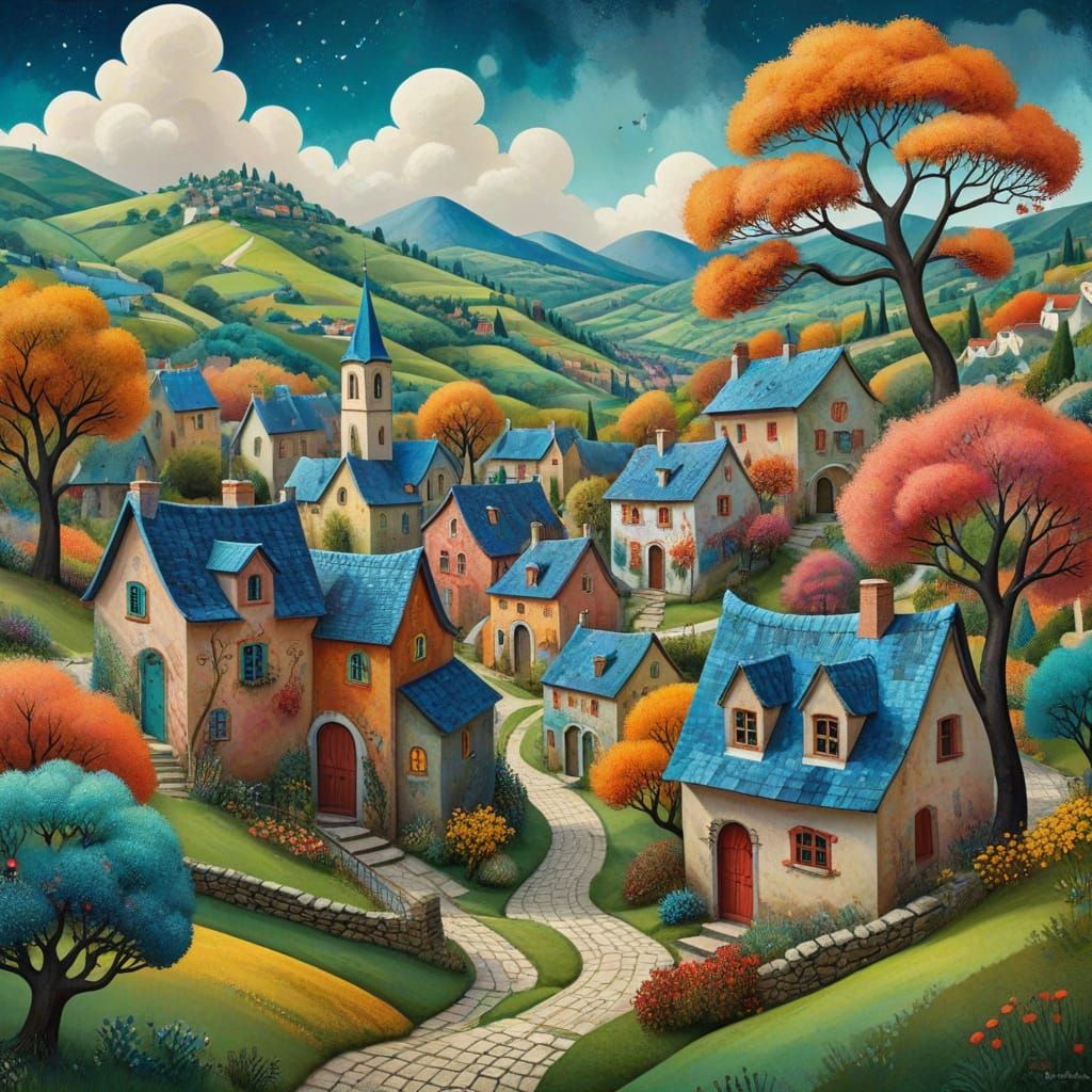 Whimsical Village in Chagall Style Illustration
