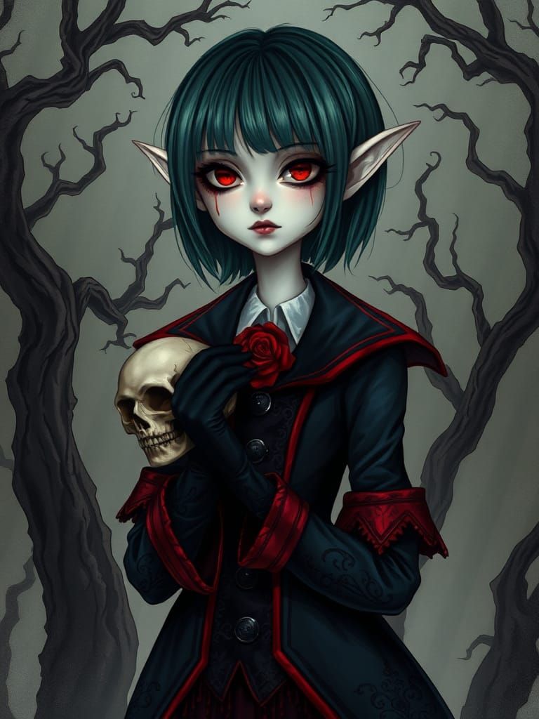 Gothic Anime Elf with Skull in Dark Illustration
