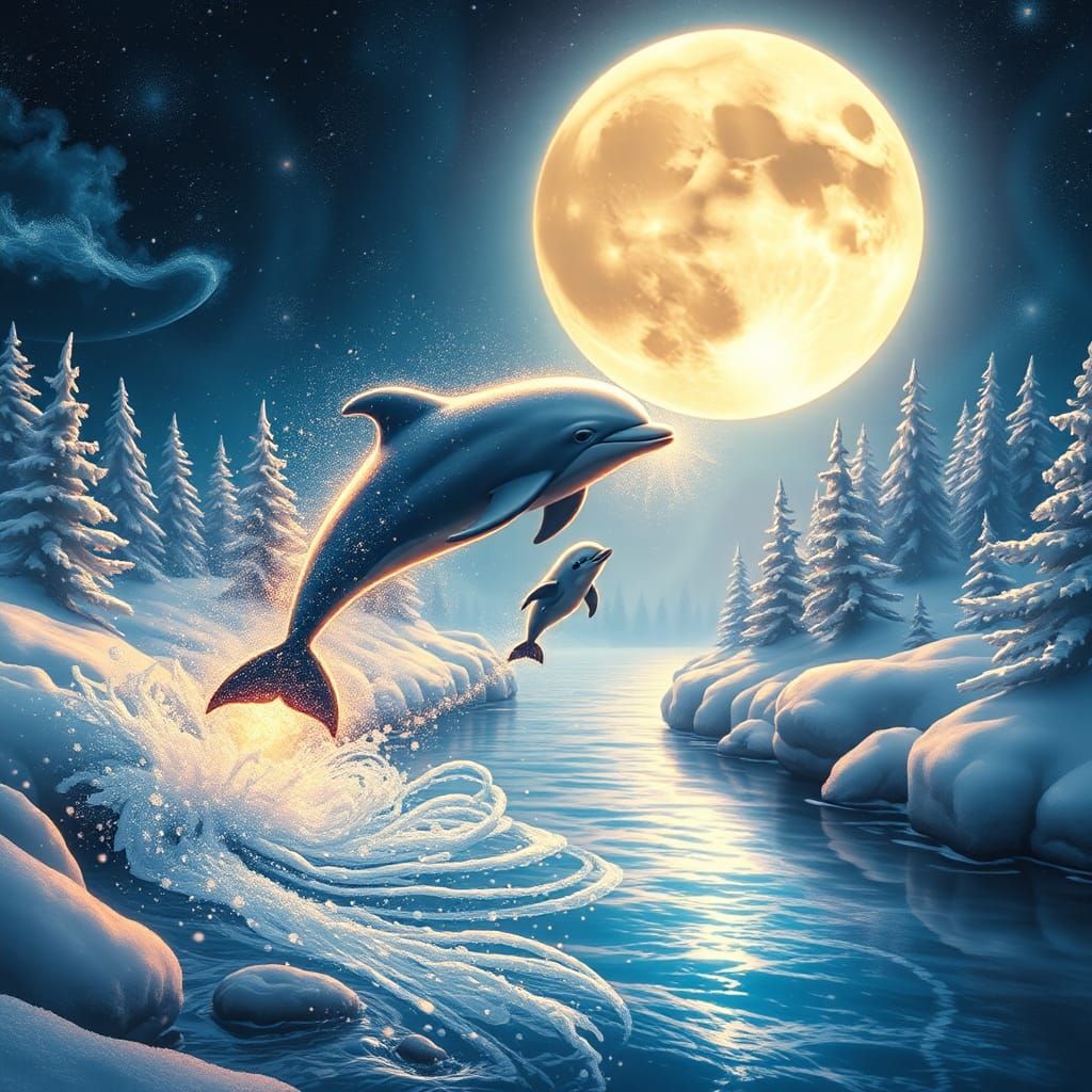 Glowing Mother and Baby Dolphins in Stardust Vortex