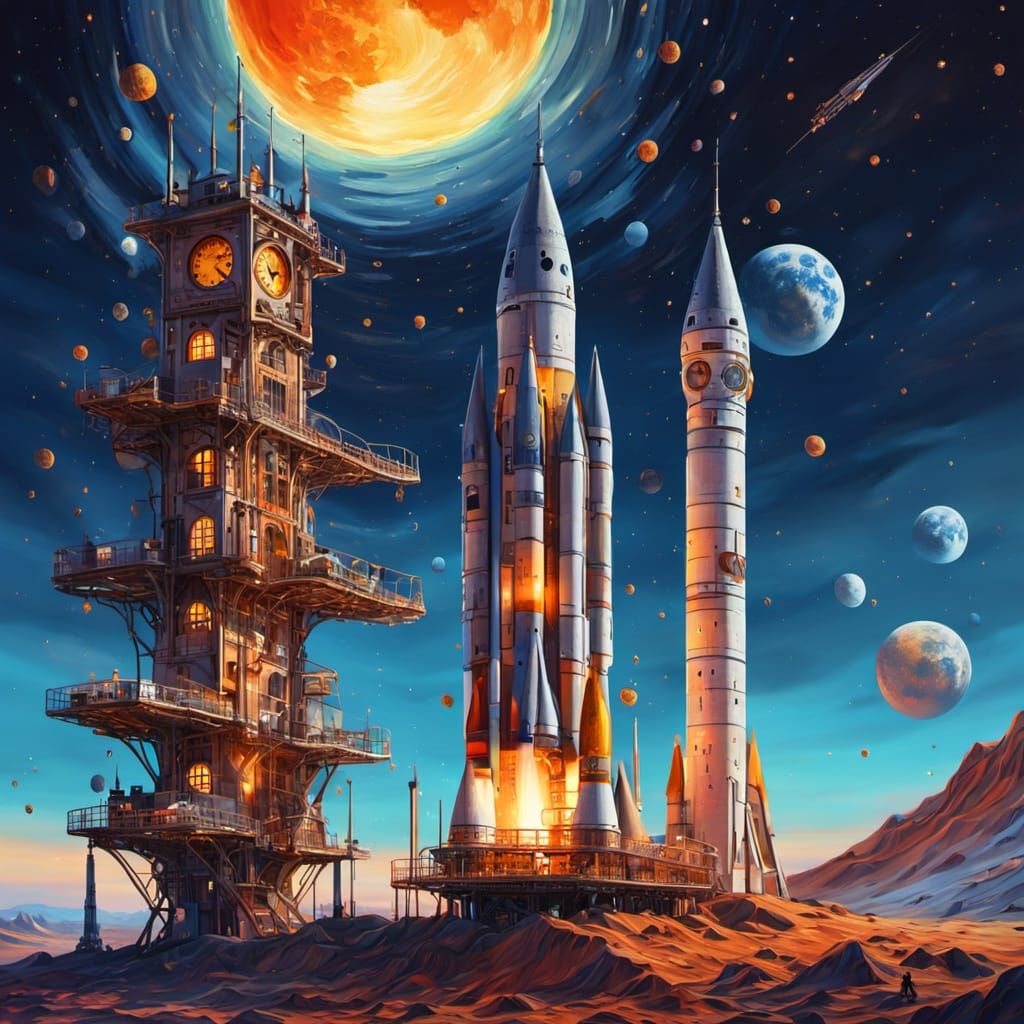 Surreal Rocket Journey to the Moon in Oil Paint