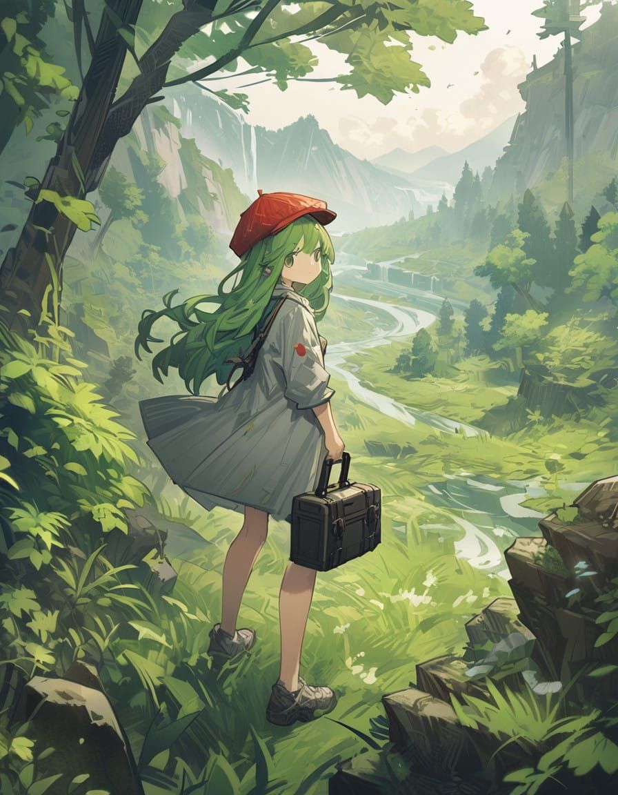 Young Adventurer Stands Ready in a Mountainous Landscape