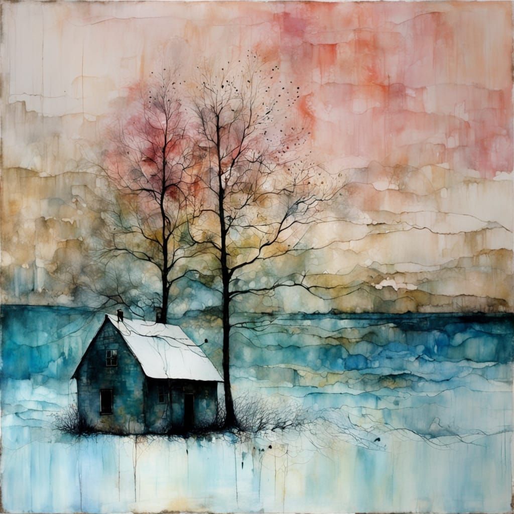 Sea and Sky Blend in Encaustic Alcohol Ink Style