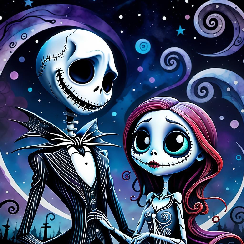 Chibi Jack and Sally Portrait in Watercolor Style