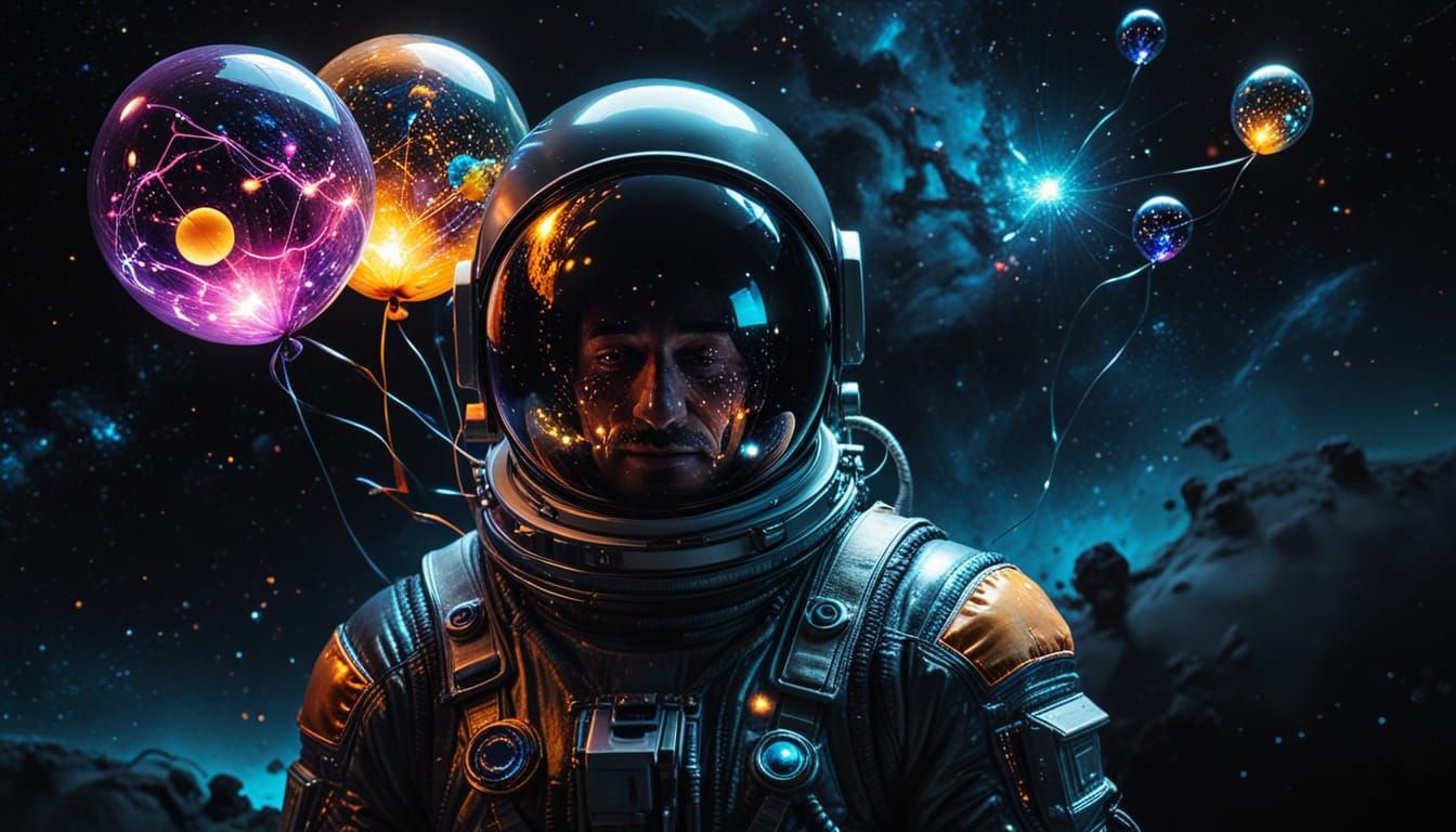 Astronaut with Planet Balloons in Surreal Digital Art