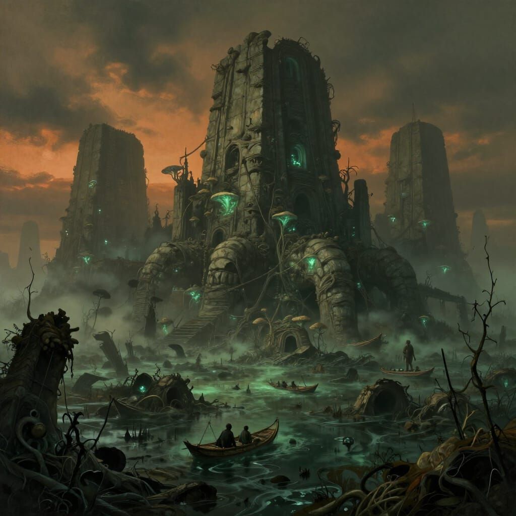 City on Titans Sinking into Toxic Swamp at Twilight