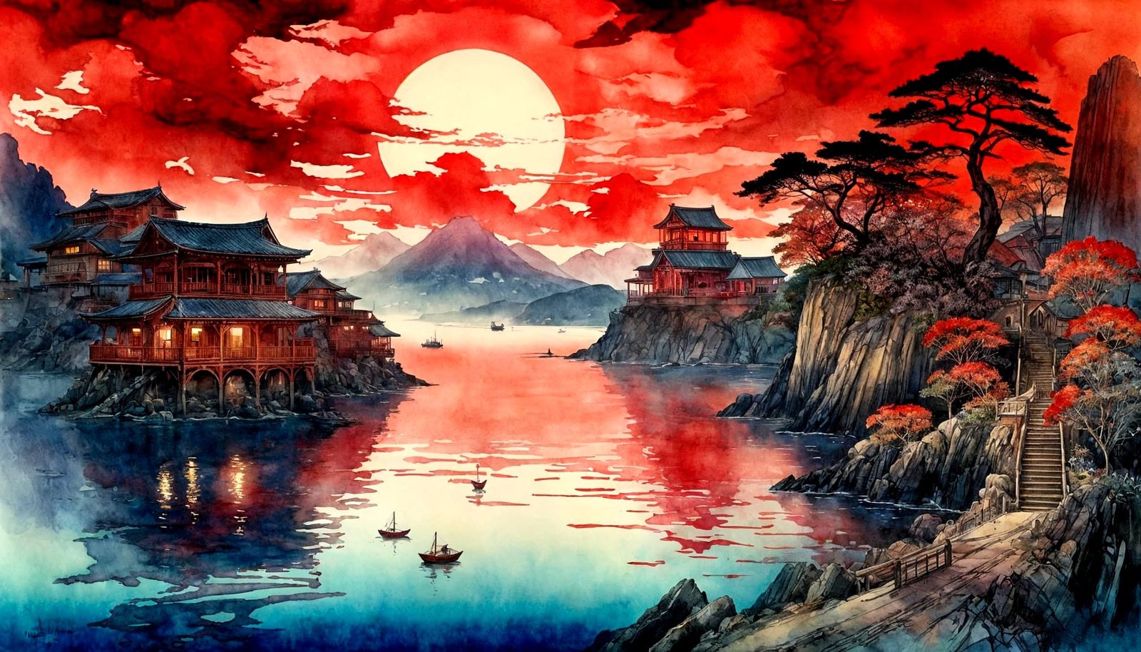 Glowing Harbor Scene in Deep Red Hues