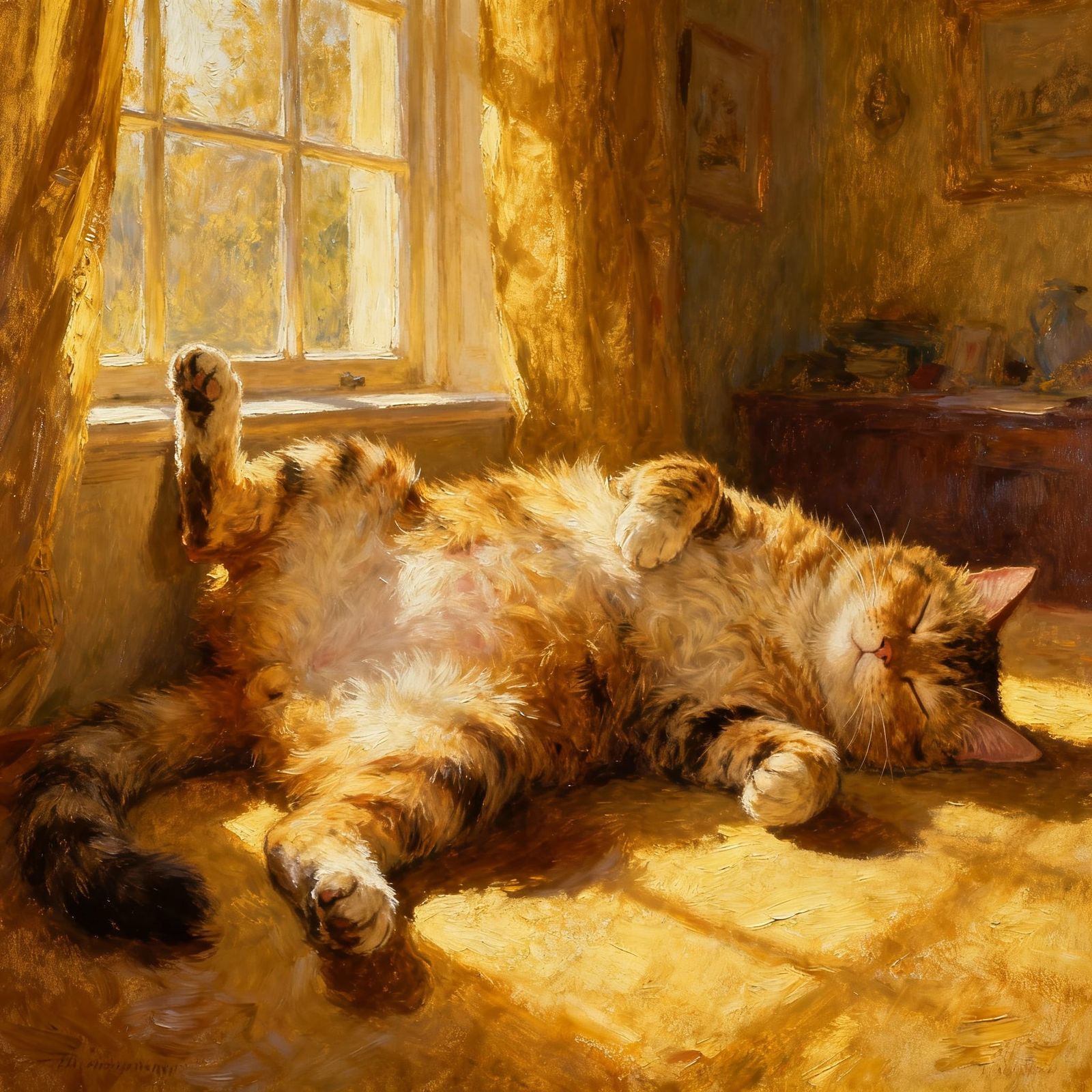 Anthropomorphic Cat Sunbathing in Warm Sunlight