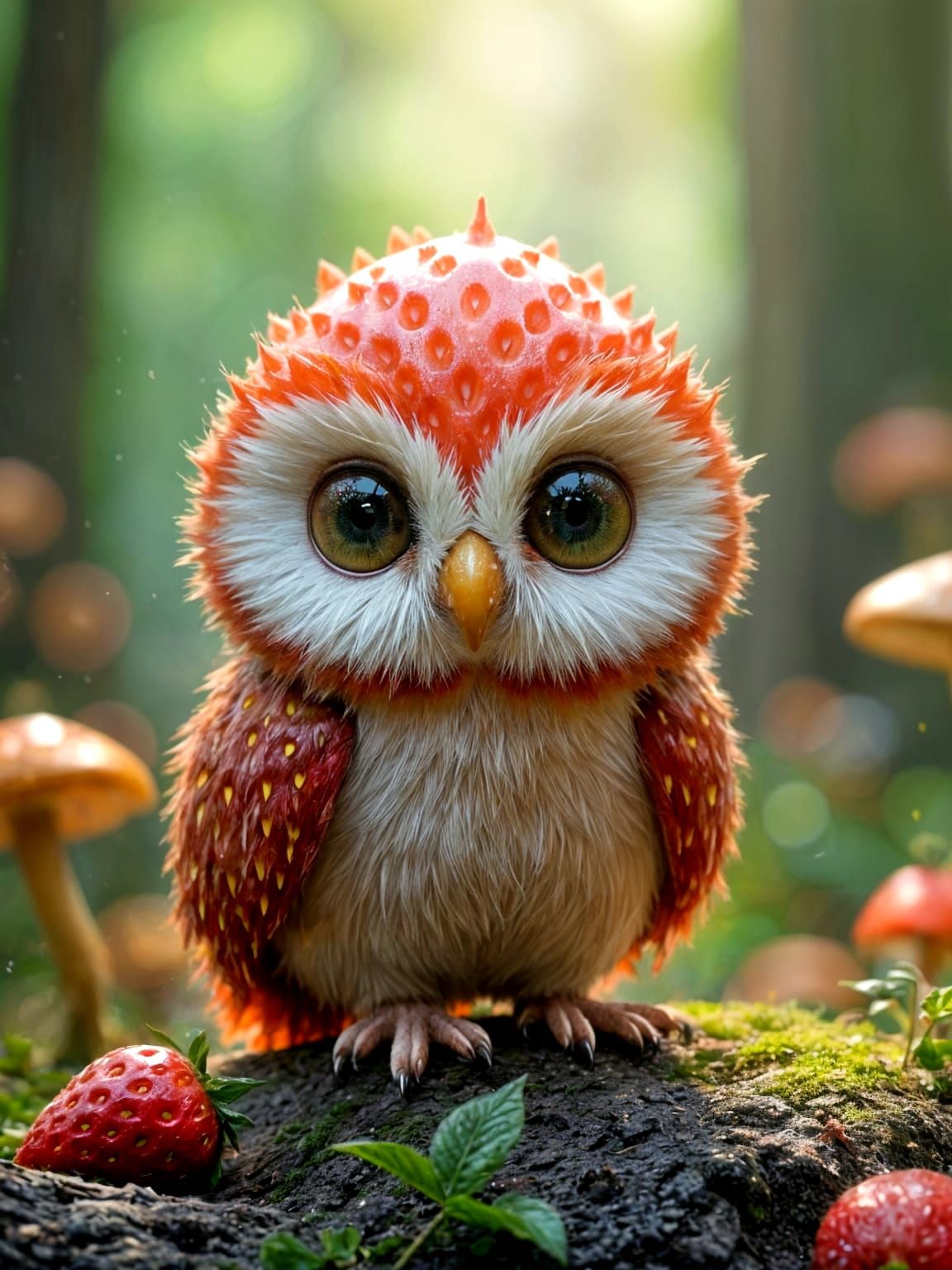 Chibi Strawberry Owl in Fantasy Mushroom Forest