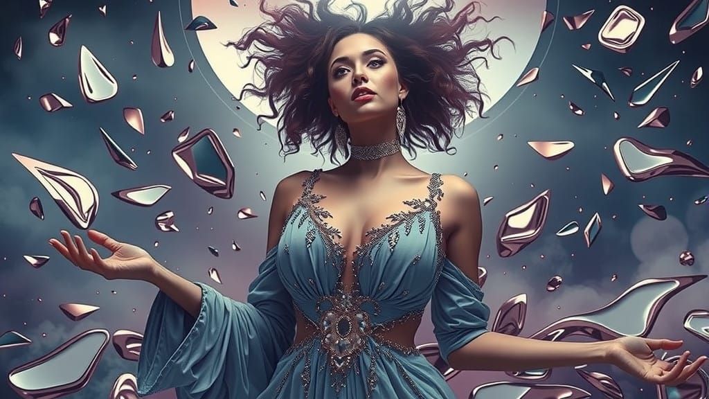 Metal Goddess Emerges from Luminous Puddle in Dramatic Scene