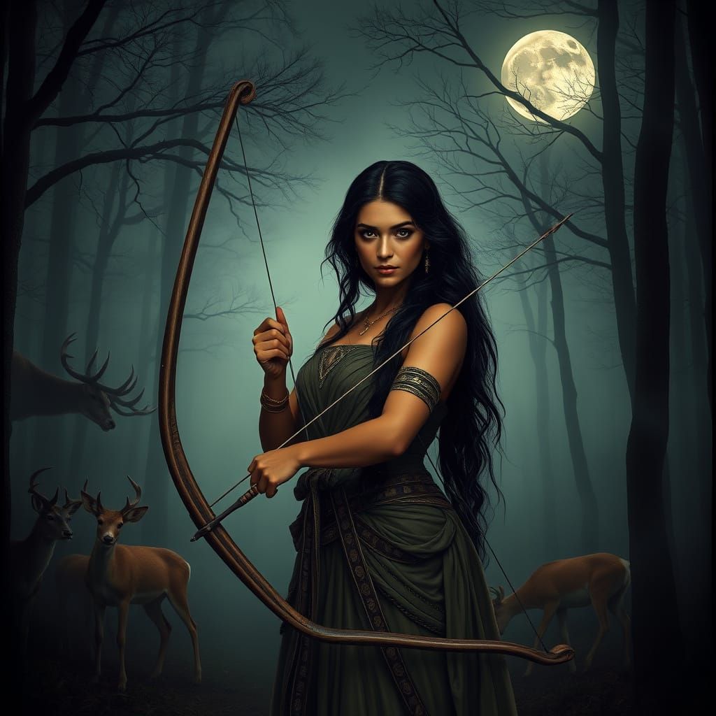 Greek Goddess Artemis in Hyperrealistic Landscape with Deer ...