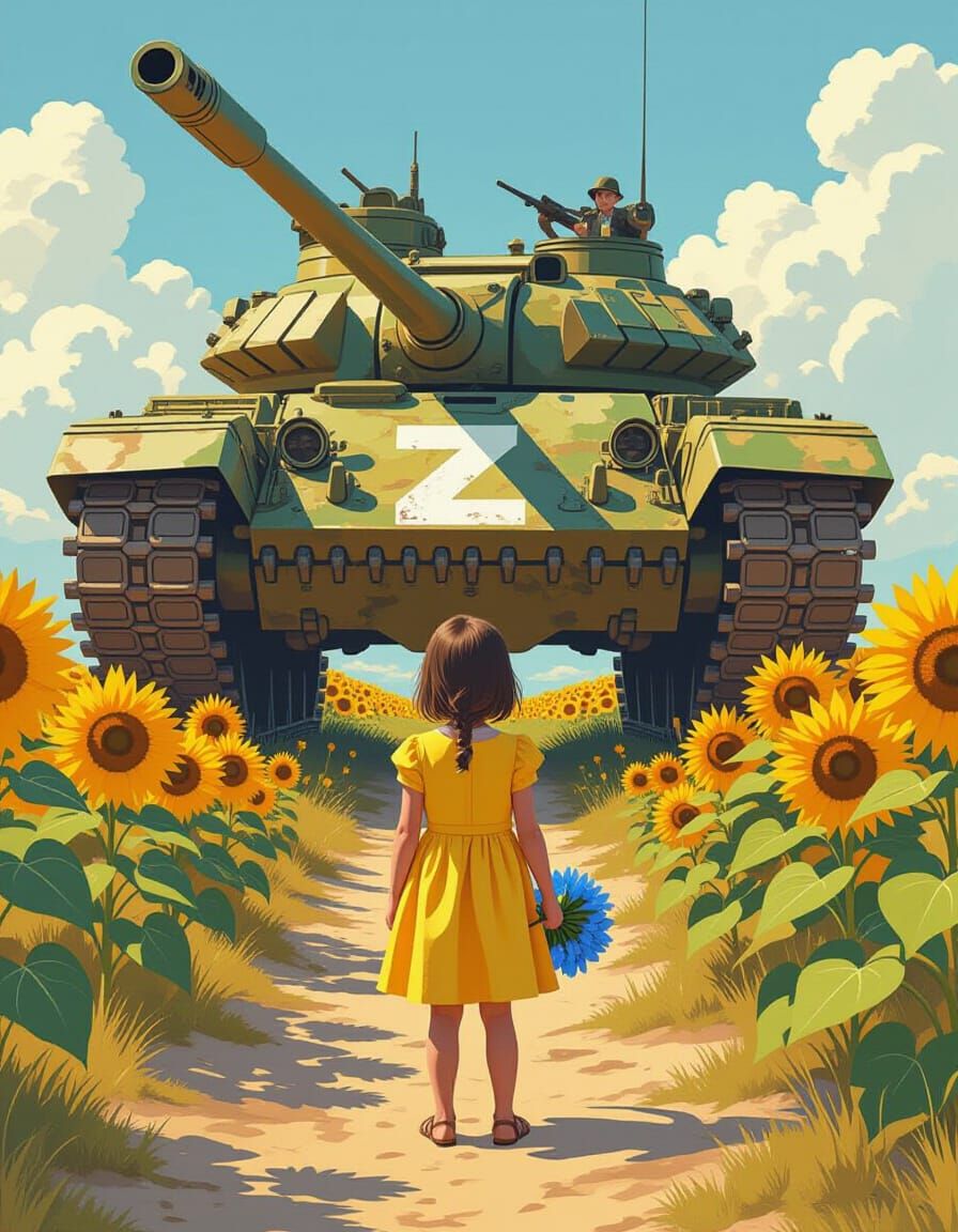Girl Confronts Tank in Sunflower Field, Dystopian Art
