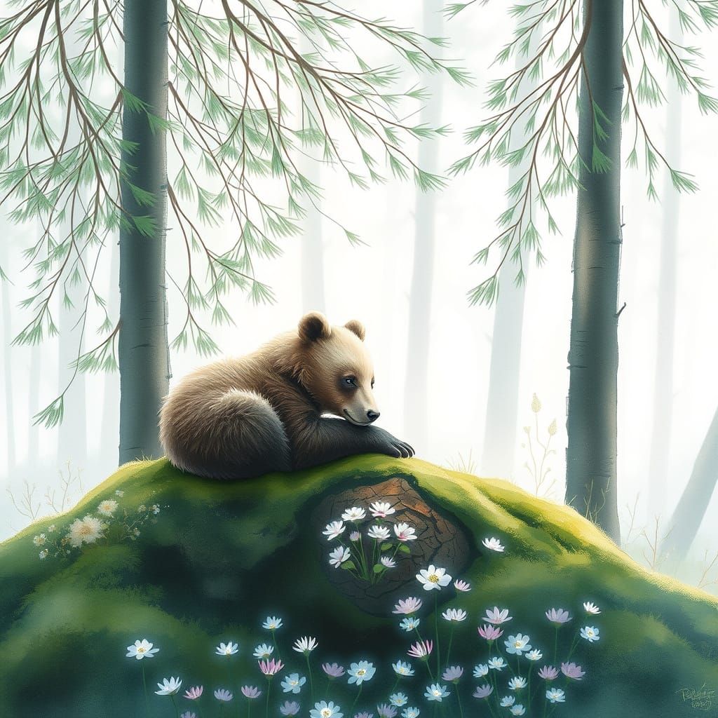 Serene Bear Cub in a Misty Spruce Forest, as Dreamlike Water...