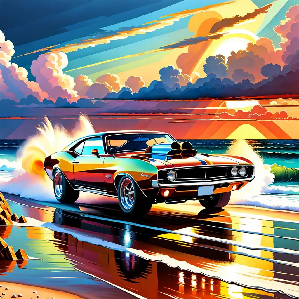 Muscle Car Beach Race in Pointillism Style