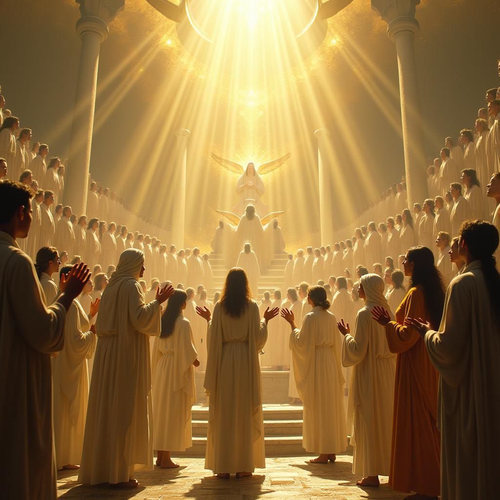 Angels and People Adoring Jesus on Celestial Throne