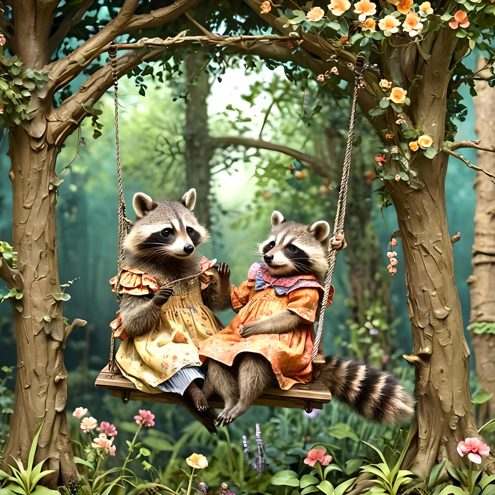 Raccoons on a Swing in Storybook Illustration Style