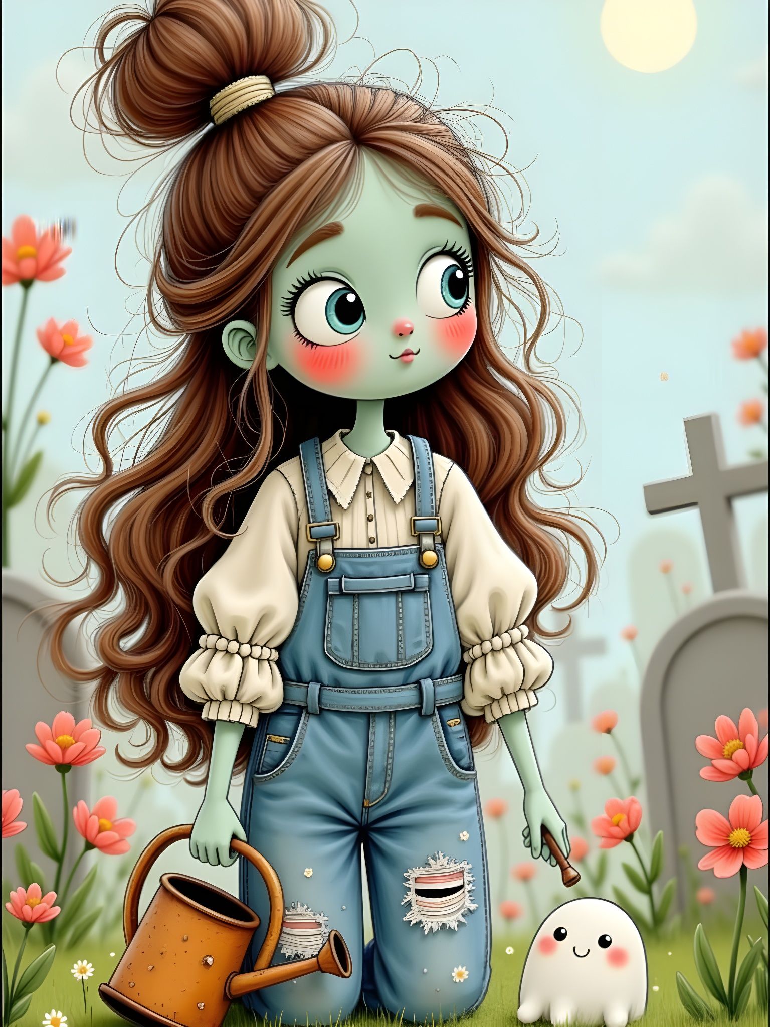 Cute Zombie Girl Tending Ghost Flowers in Pastel Graveyard