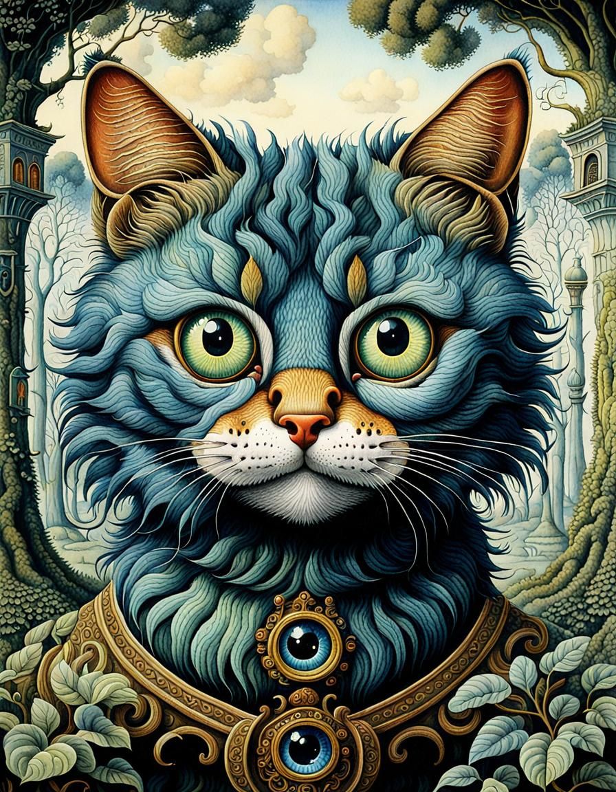 Rococo Watercolor Cat with Googly Eyes