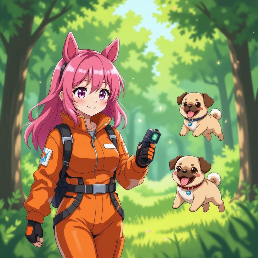 Anime Girl with Puppy in Morning Forest
